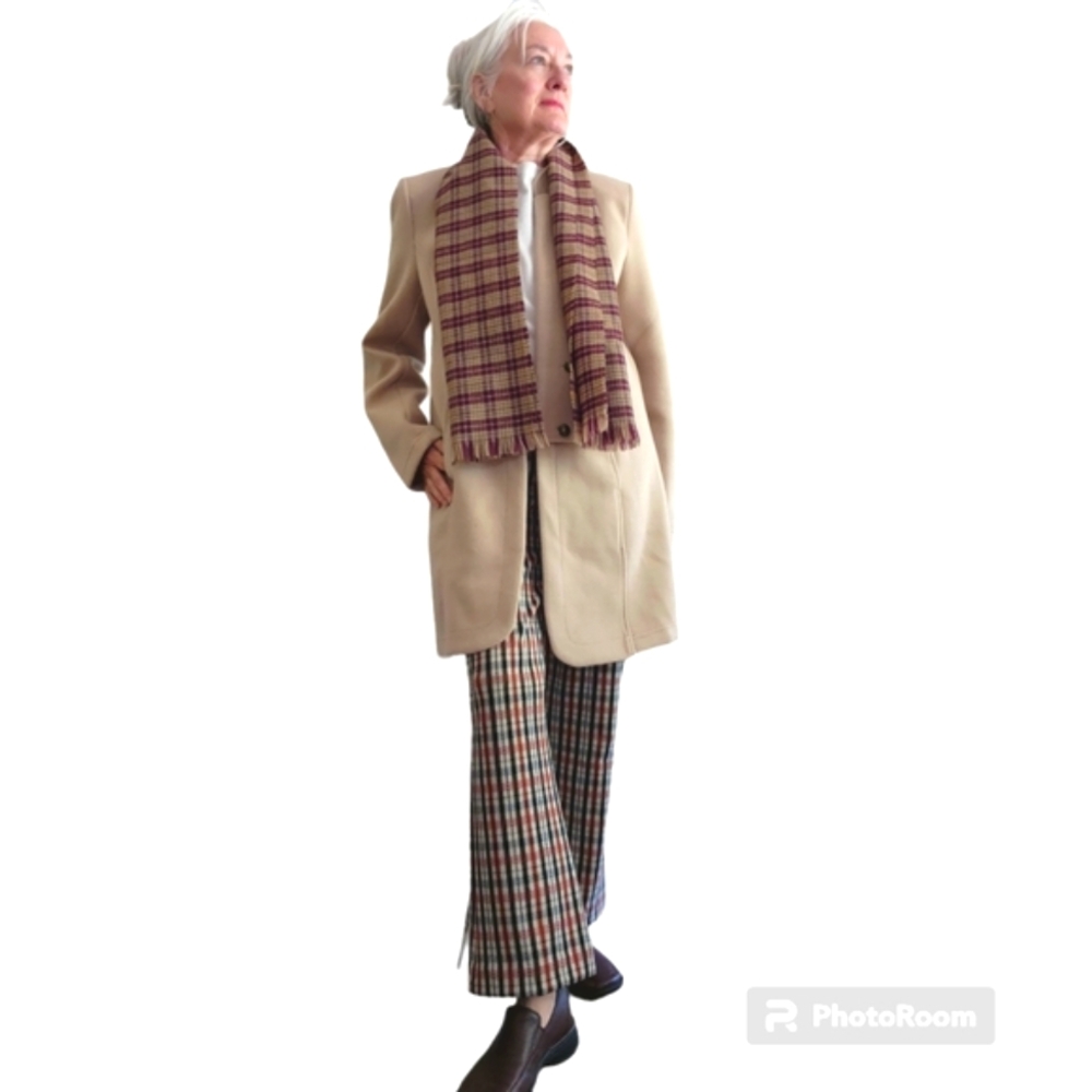 Bert Pulitzer Classic Lambswool Plaid Scarf tan burgandy made in Scotland